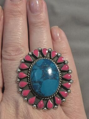 Sterling Silver Turquoise & Pink Teardrop Statement Ring - Women Jewelry